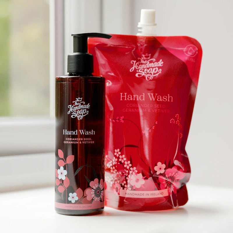 غسول اليدين + عبوة إعادة تعبئة - بذور الكزبرة، إبرة الراعي، ونجيل الهند | ٢٥٠ مل + ٥٠٠ مل